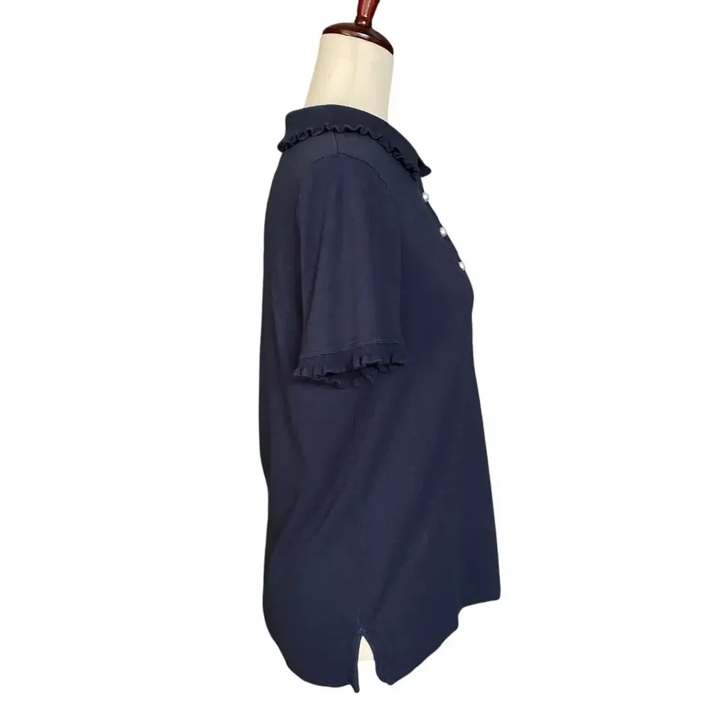 Tory Burch Pearl Button Polo Womens M Lettuce Hem Collar and Sleeves Navy Preppy